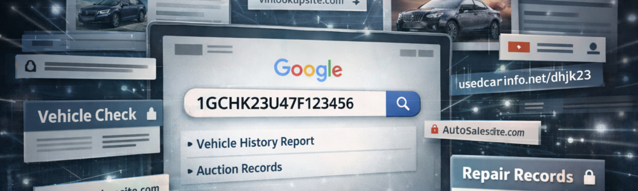 Illustration of VIN data visibility across online platforms and search results.