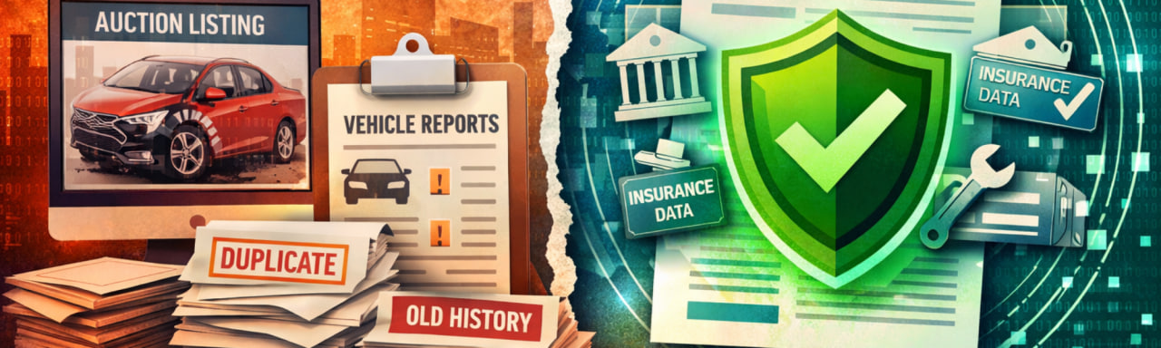 Illustration contrasting “delete Carfax” search results with duplicated auction listings and explain